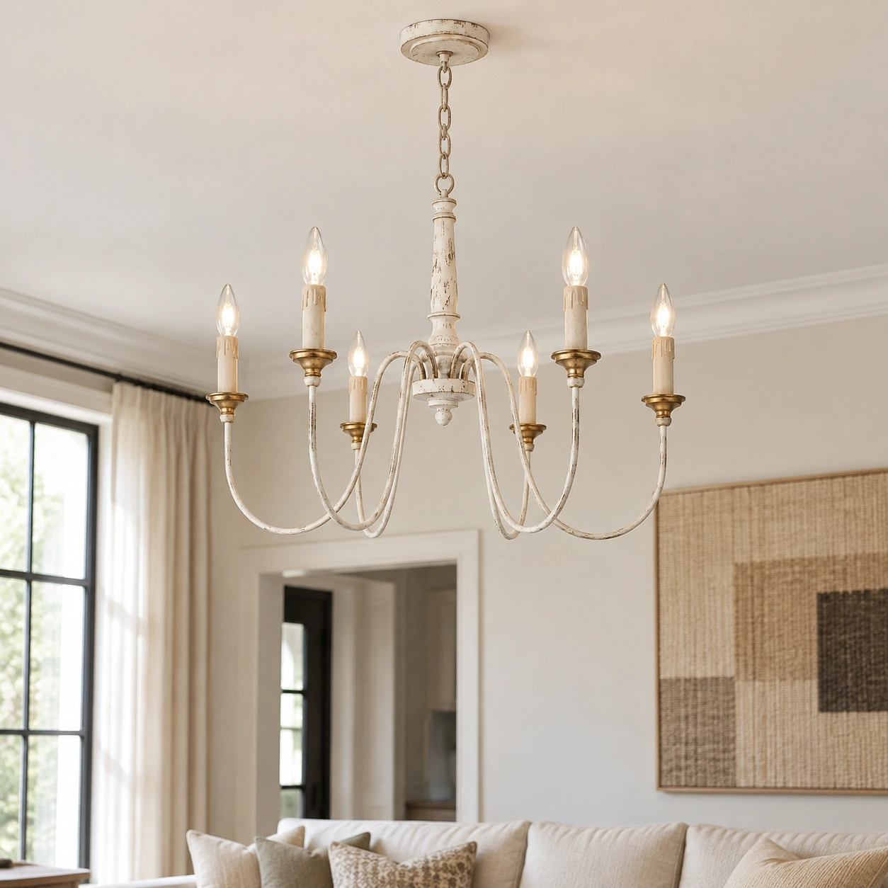 Isabelle six-arm wood and iron chandelier scene 02 living