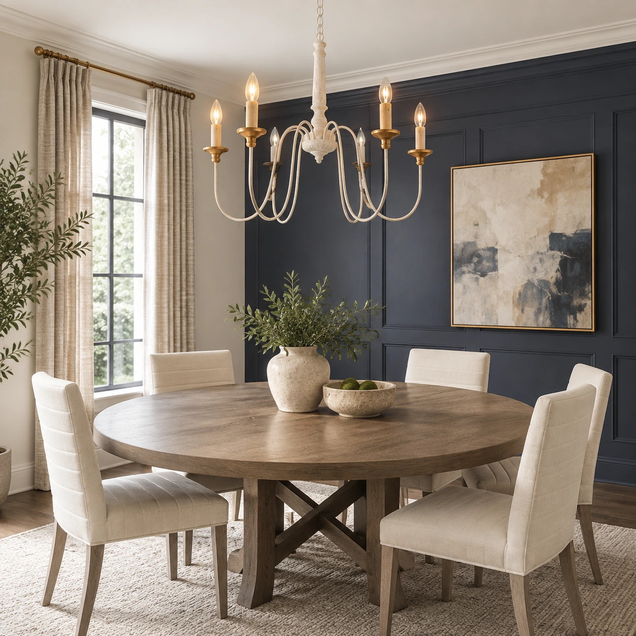 French Country chandelier in a blue dining room