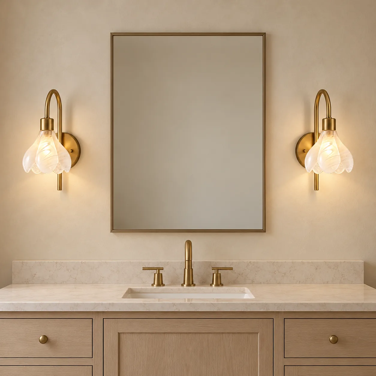 Matching wall sconces on both sides of a vanity mirror