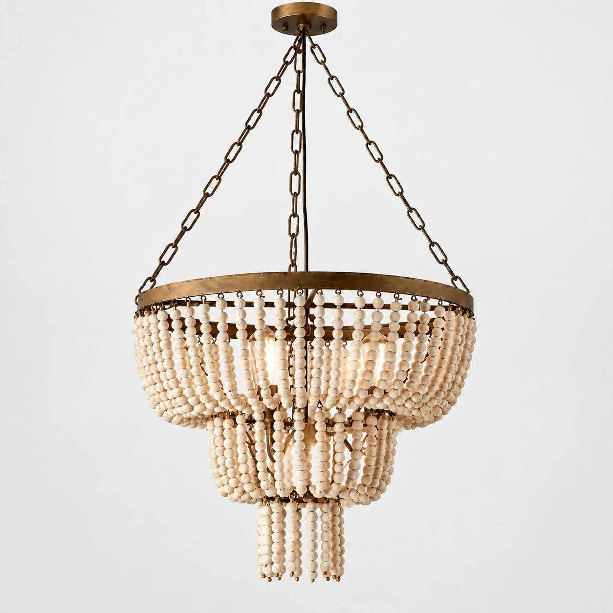 Sofia Vintage Minimal Walnut Wood and Metal Pendant Light switched on in a neutral studio