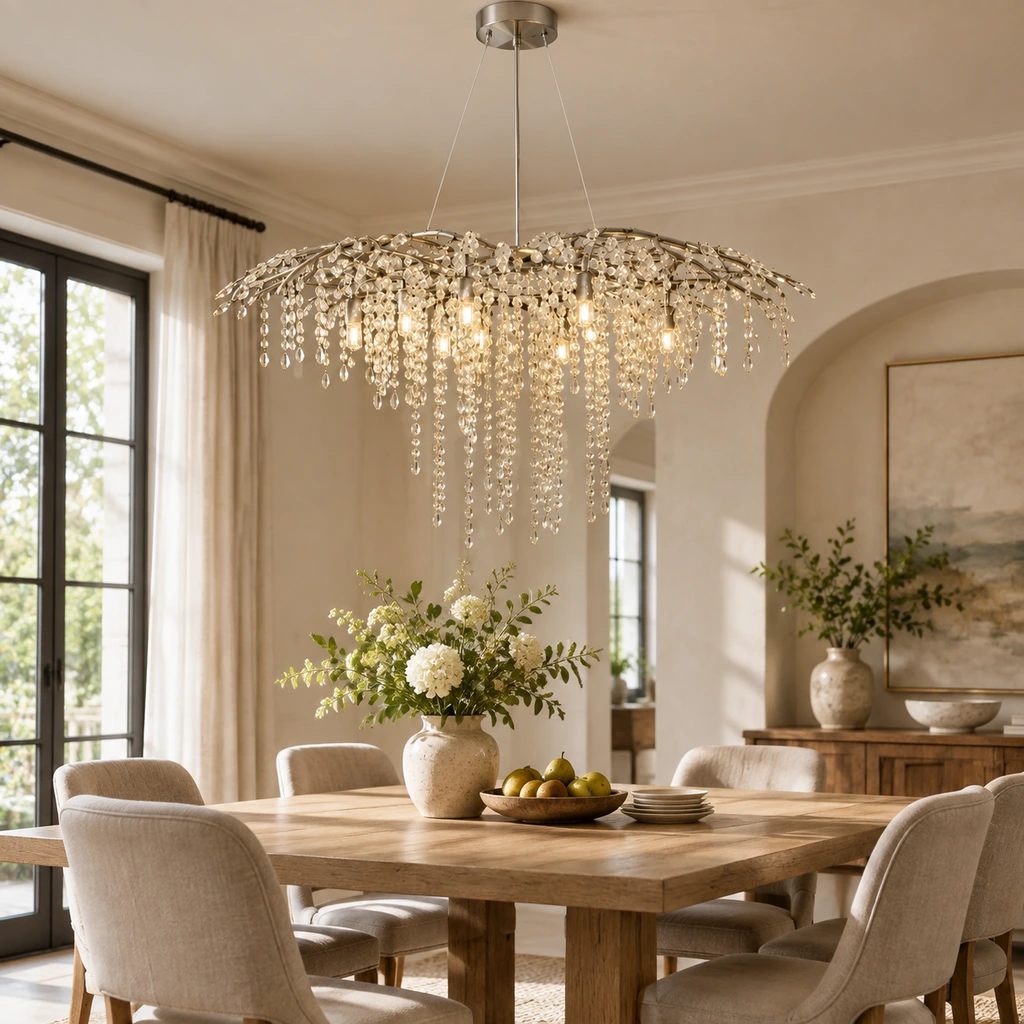 Arden crystal branch chandelier in a bright traditional dining room