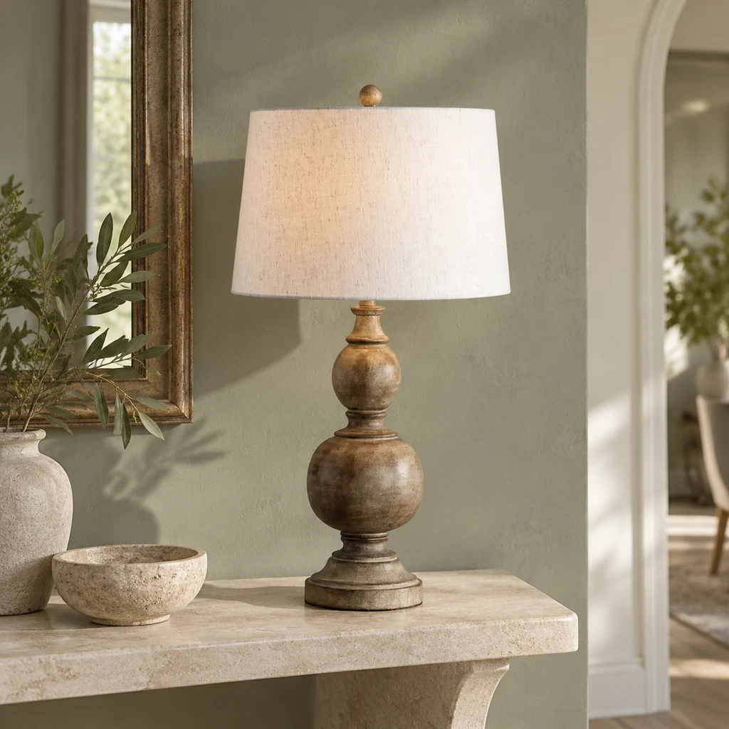 French Rustic Distressed Wood Table Lamp above a pale limestone console