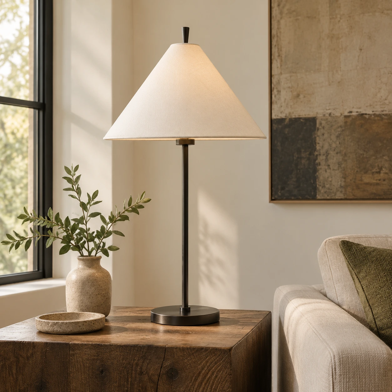 Cone shade table lamp near a window and chair