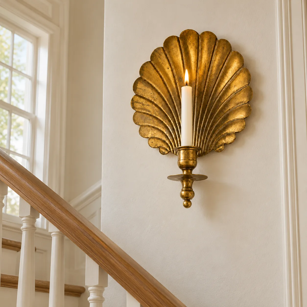 Shell sconce on a stair landing