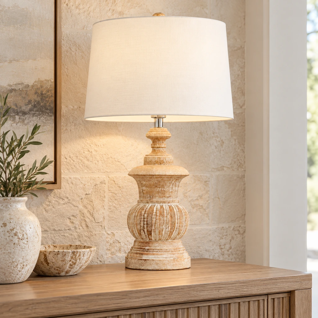 Elodie French Country Carved Wood and Fabric Table Lamp product image 7