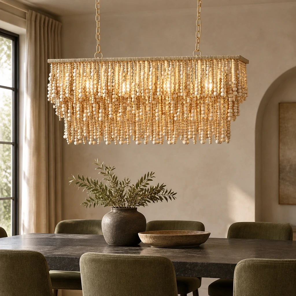 French Bohemian Natural Wood Bead Chandelier above a muted charcoal dining table