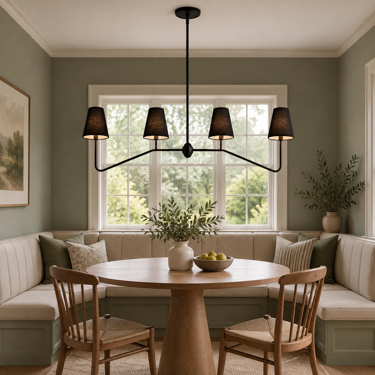 Black-shade four-light iron chandelier above a breakfast nook table