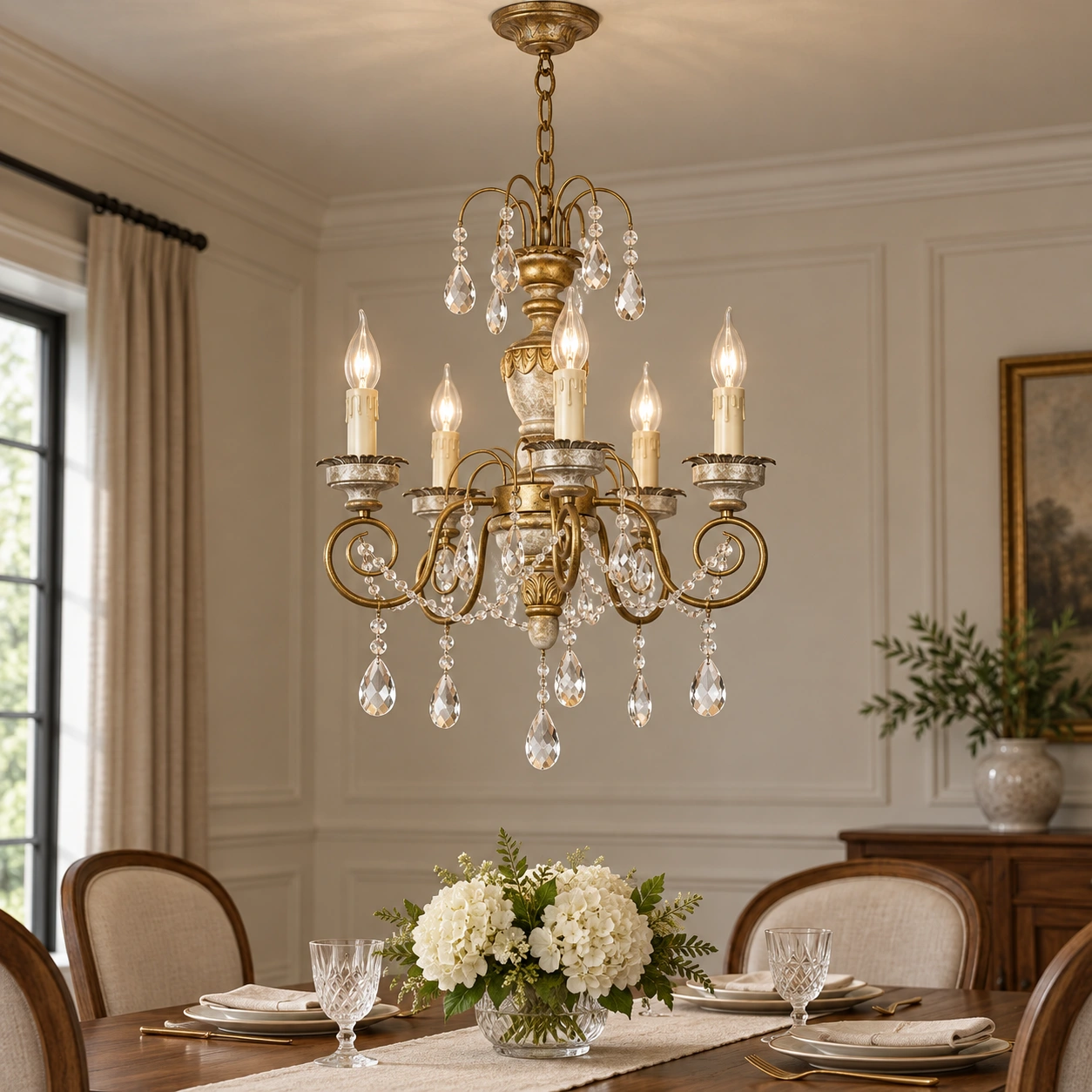 Edward five-light iron and crystal chandelier scene 01 dining