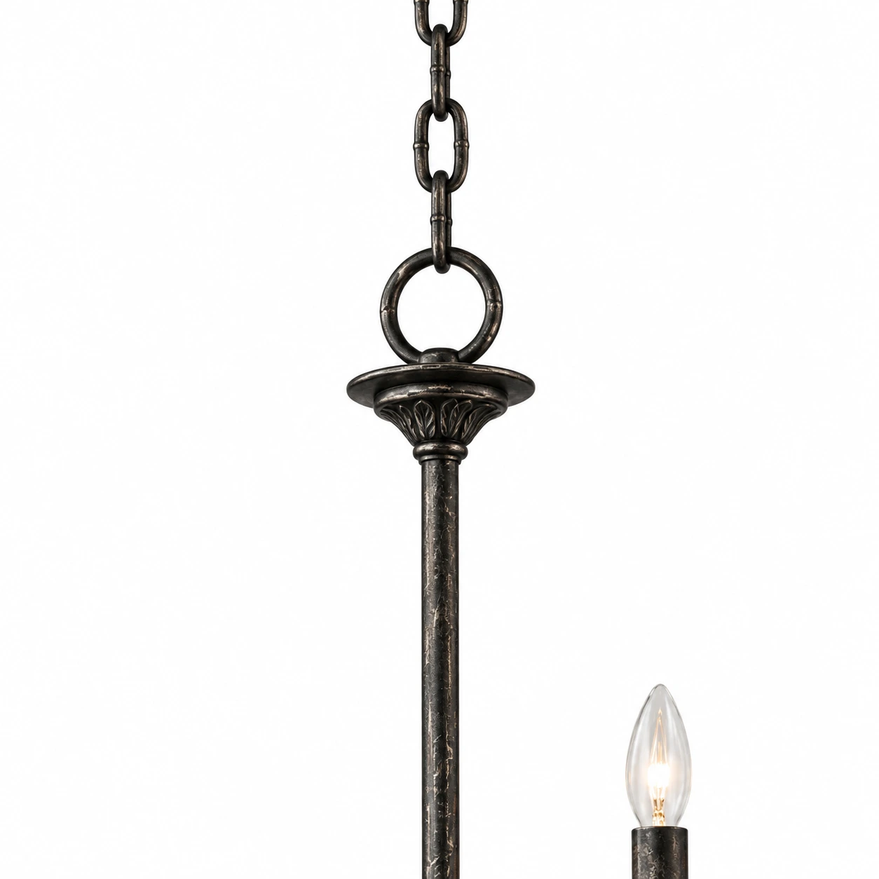 Avery Vintage Carved Wood Chandelier chain and suspension connector detail
