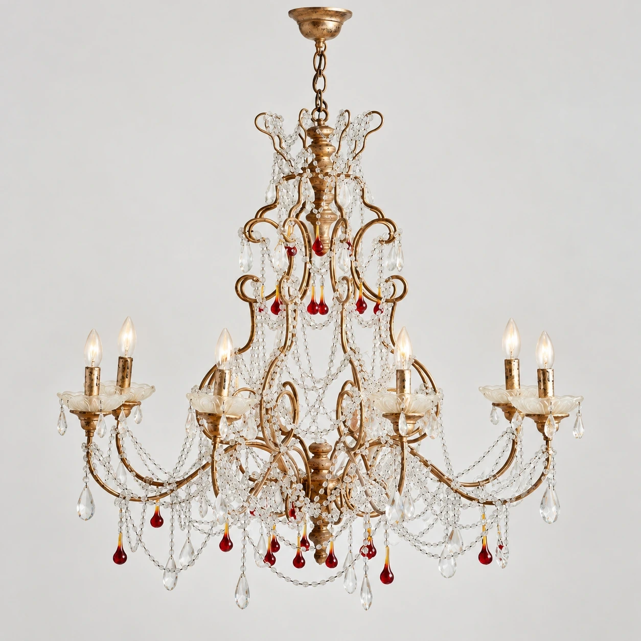 Julian American Rustic Faceted Crystal and Metal Pendant Light switched on in a neutral studio