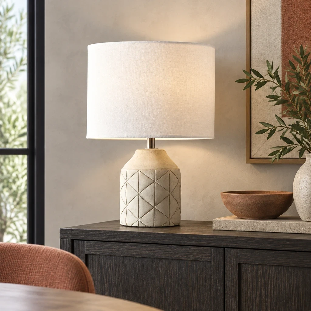 Merritt Geometric Carved Wood Table Lamp with White Drum Shade on a charcoal dining sideboard