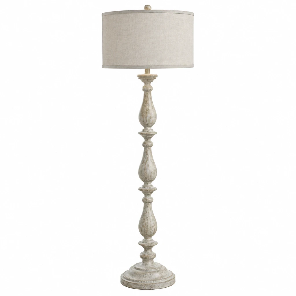 Front view of the French Rustic Carved Wood Floor Lamp on white background
