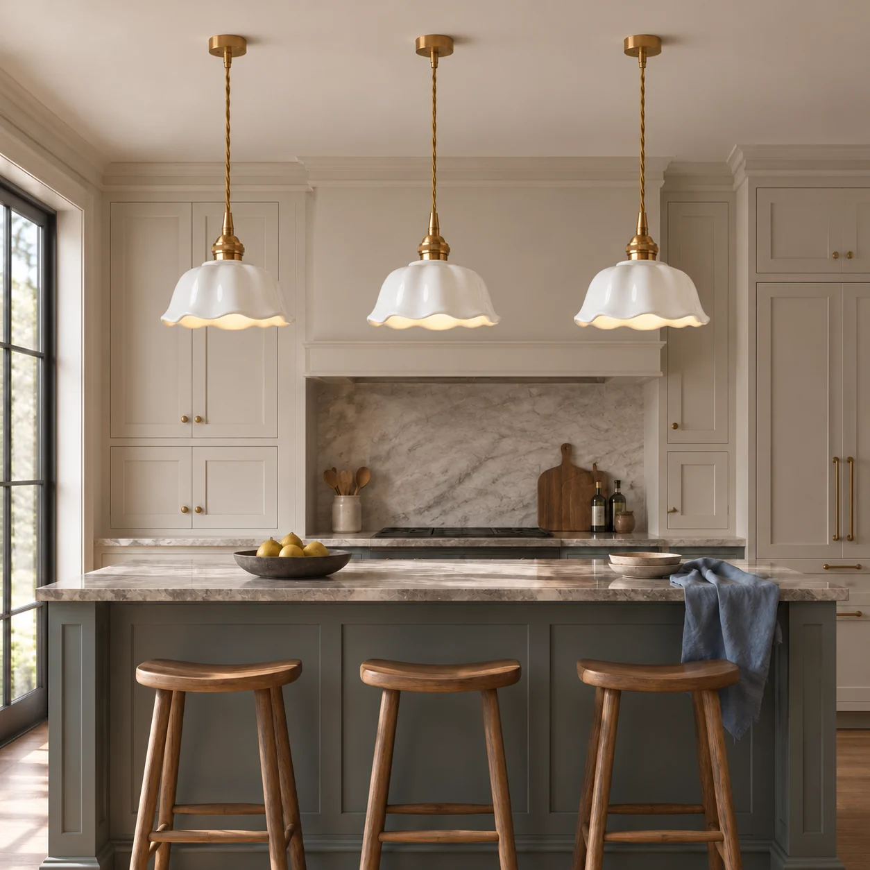 Three matching white ceramic flower pendants above a kitchen island
