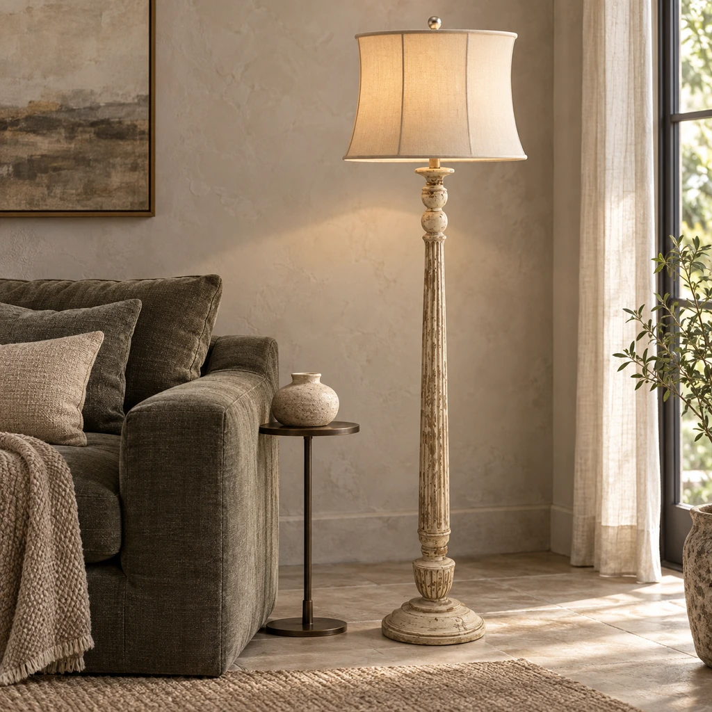 Margot floor lamp beside a moss-grey lounge sofa