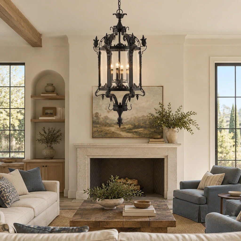 Celine large glass lantern chandelier in a bright living room