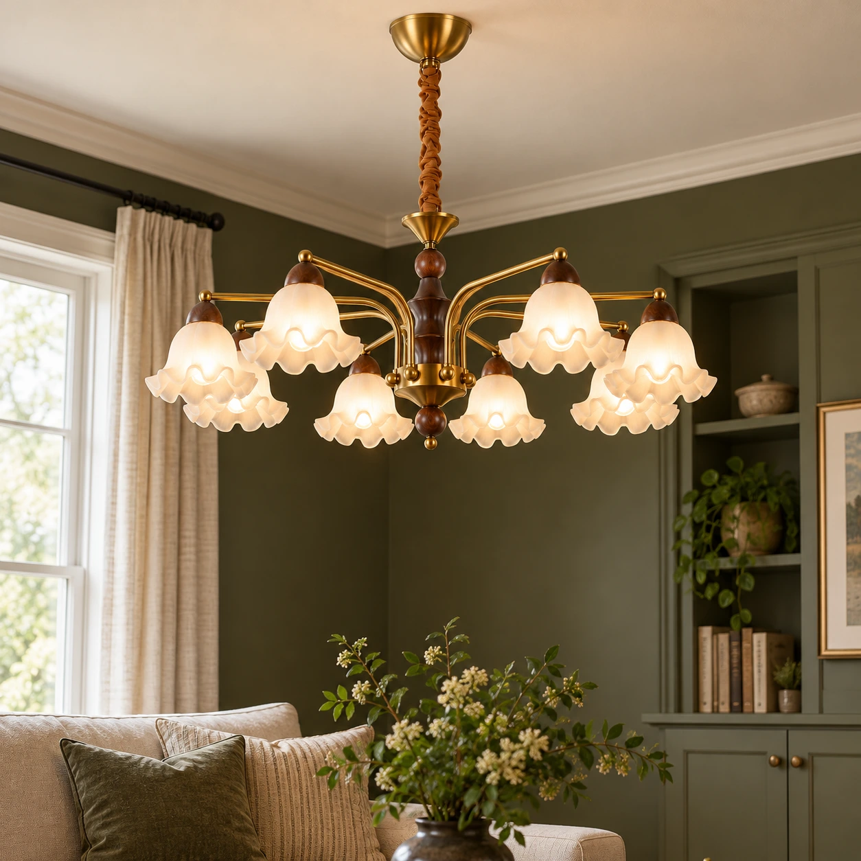 Elara Vintage Branched Walnut Wood Chandelier — scene mid near