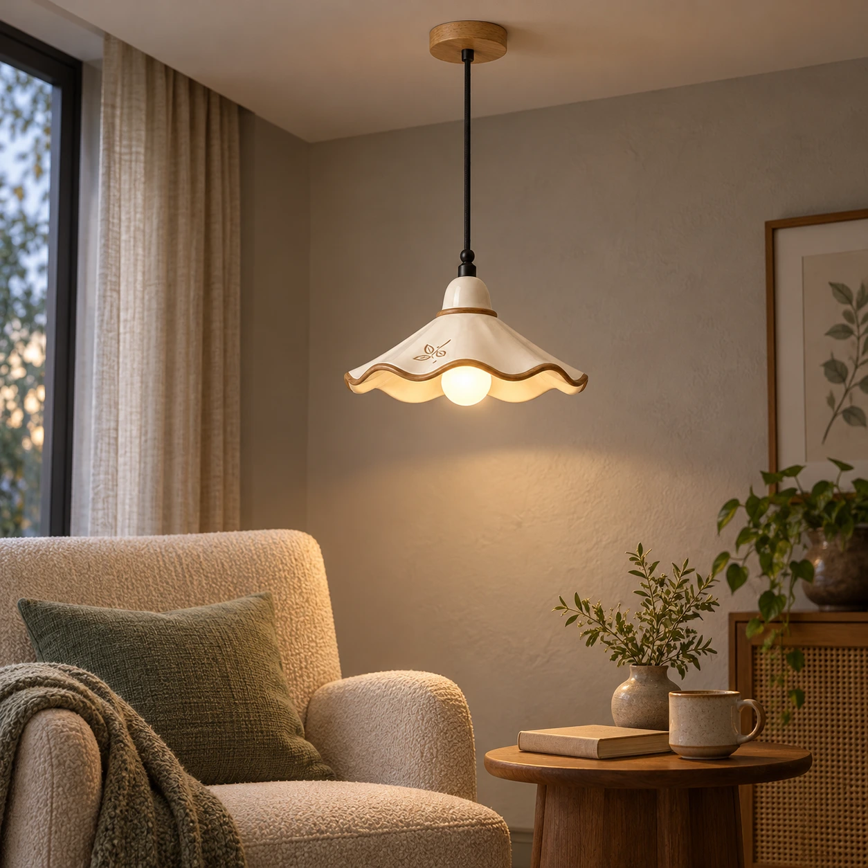 Eliseo French Vintage Scalloped Ceramic and White Ash Wood Pendant Light in an evening reading room