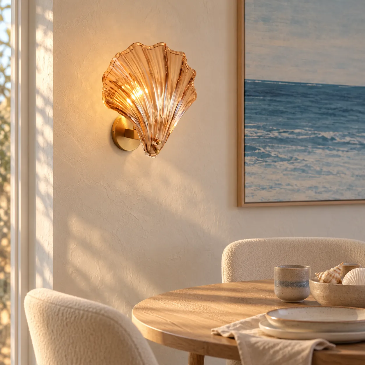 Vale shell wall light in a coastal dining nook