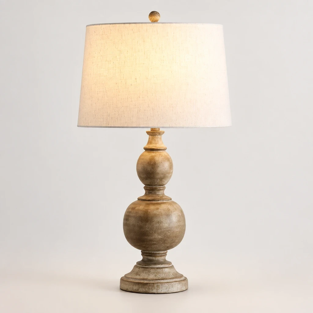 French Rustic Distressed Wood Table Lamp illuminated in a neutral studio