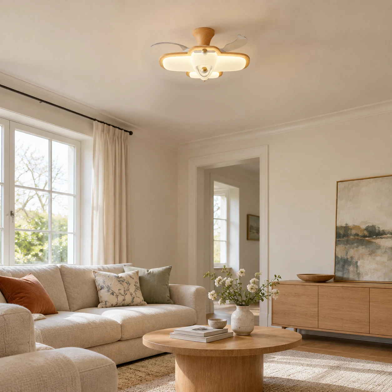 Natural Wood integrated ceiling fan light in a residential living room