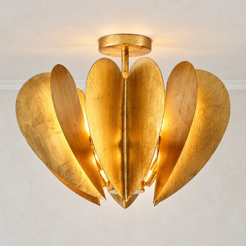 Vintage gold leaf flush-mount ceiling light against a bright vintage architectural wall
