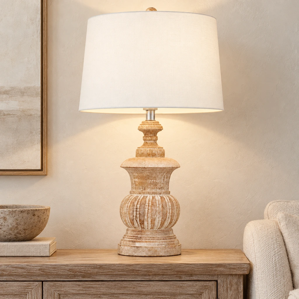 Elodie French Country Carved Wood and Fabric Table Lamp product image 1