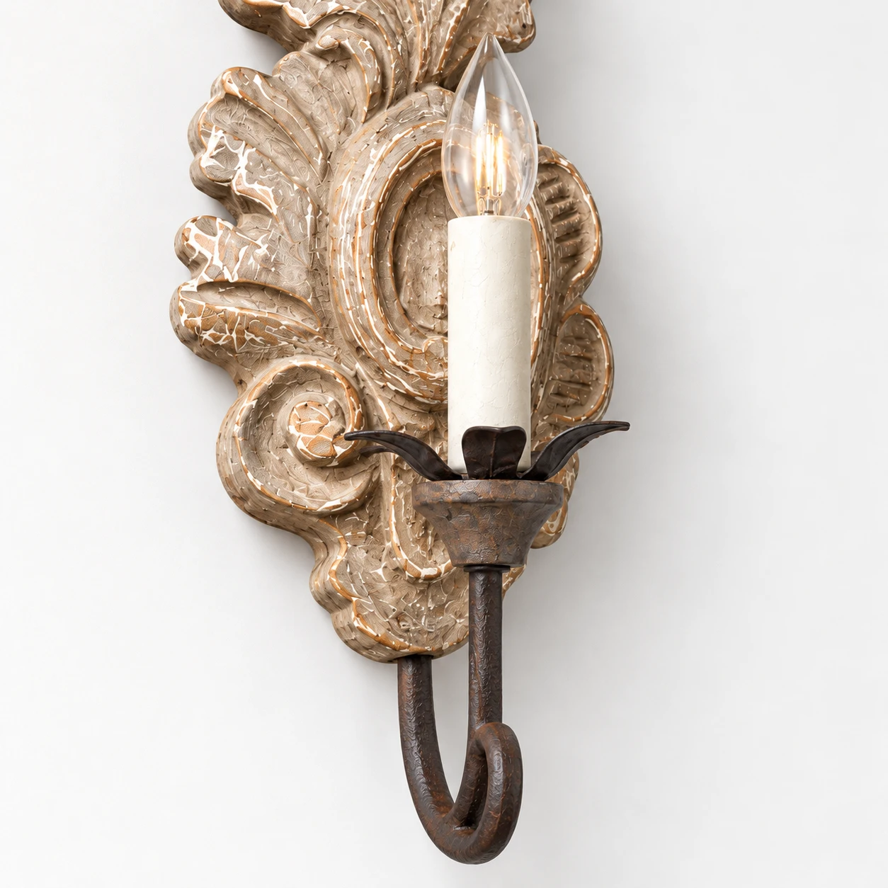 Detail · Iron Candle Arm close-up of the wood and iron wall sconce