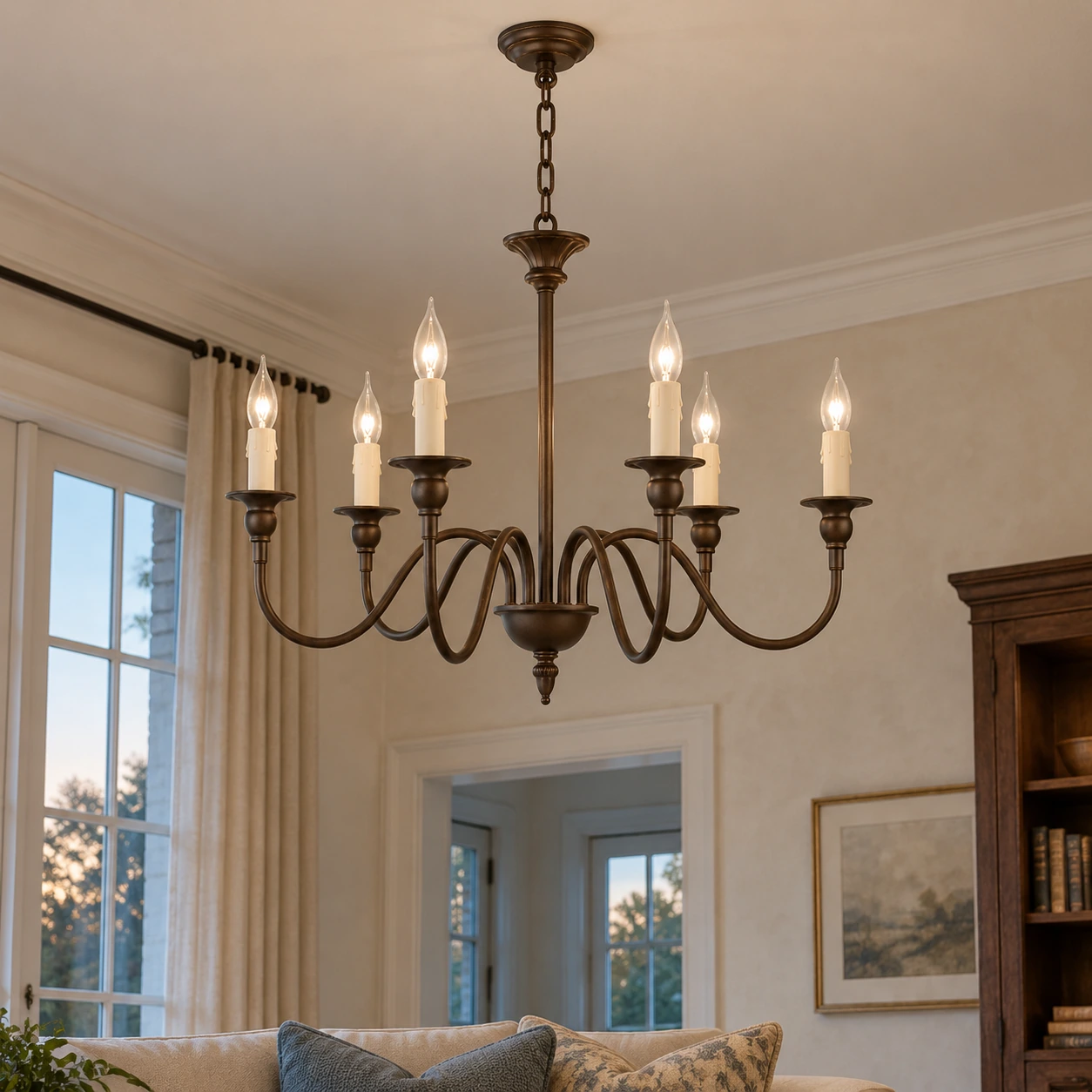 Six-light chandelier illuminated in a traditional living room