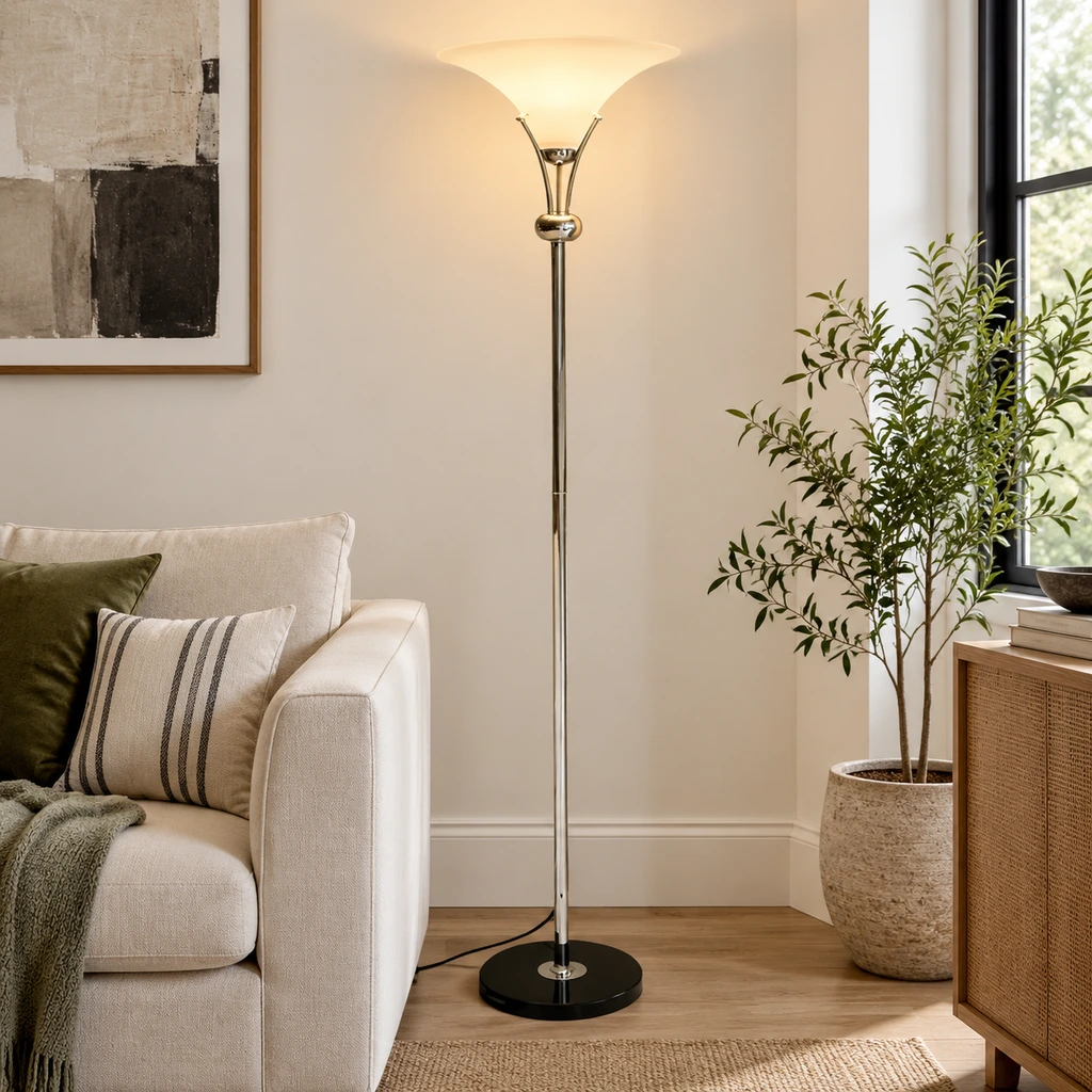 Uplight floor lamp beside seating in a bright living room