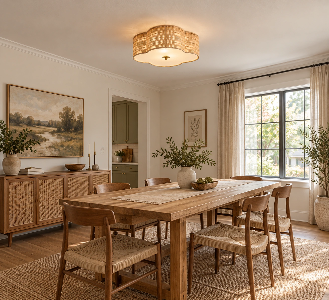 Hand-woven rattan flush mount ceiling light installed in a dining room