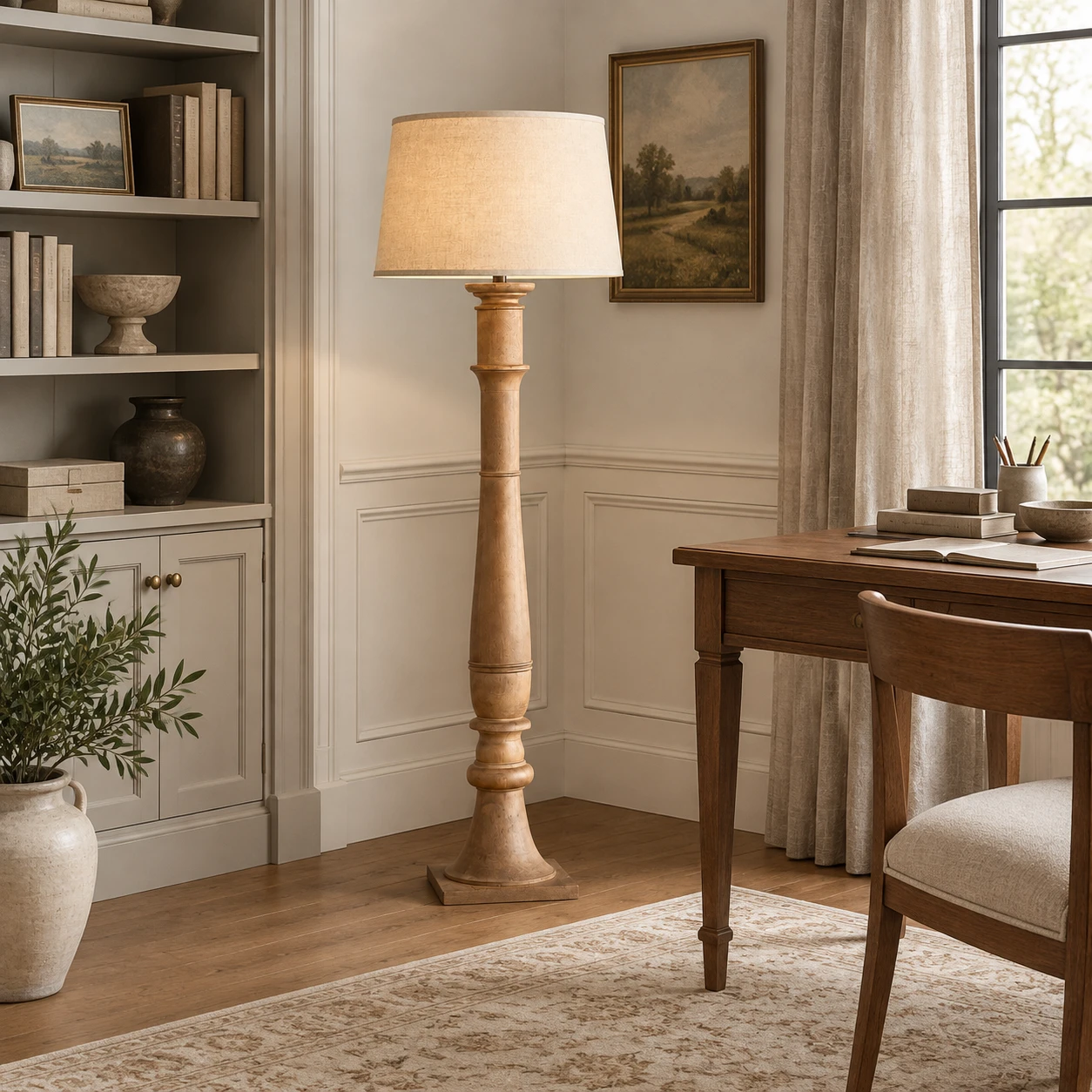 Vera Rustic Carved Wood Floor Lamp in a residential interior