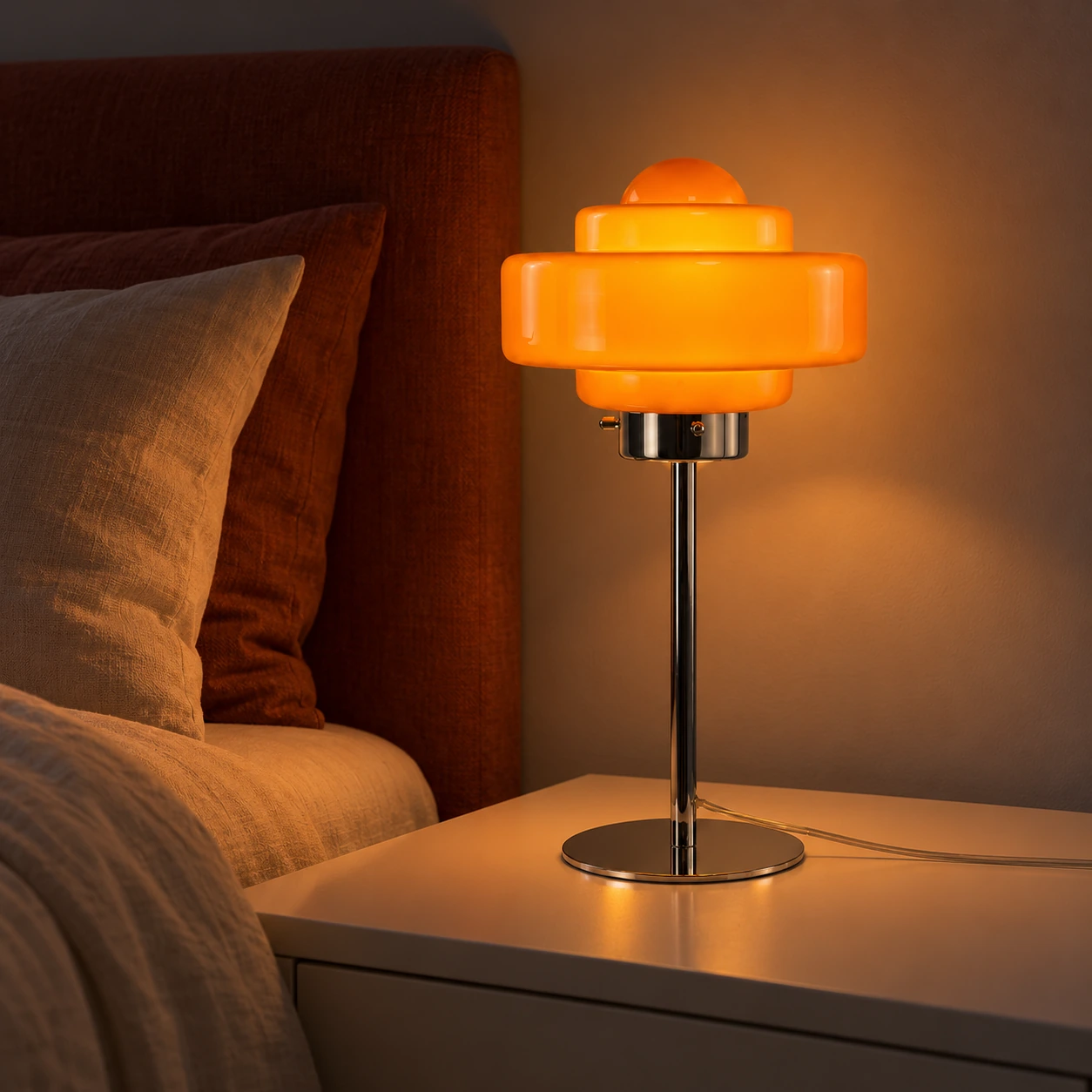 Orange glass table lamp at night