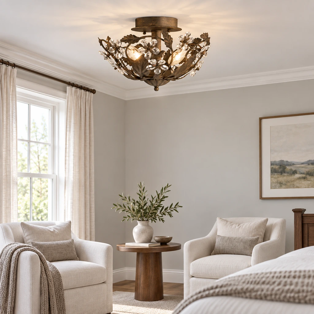 Elodie floral crystal ceiling light installed in a bedroom
