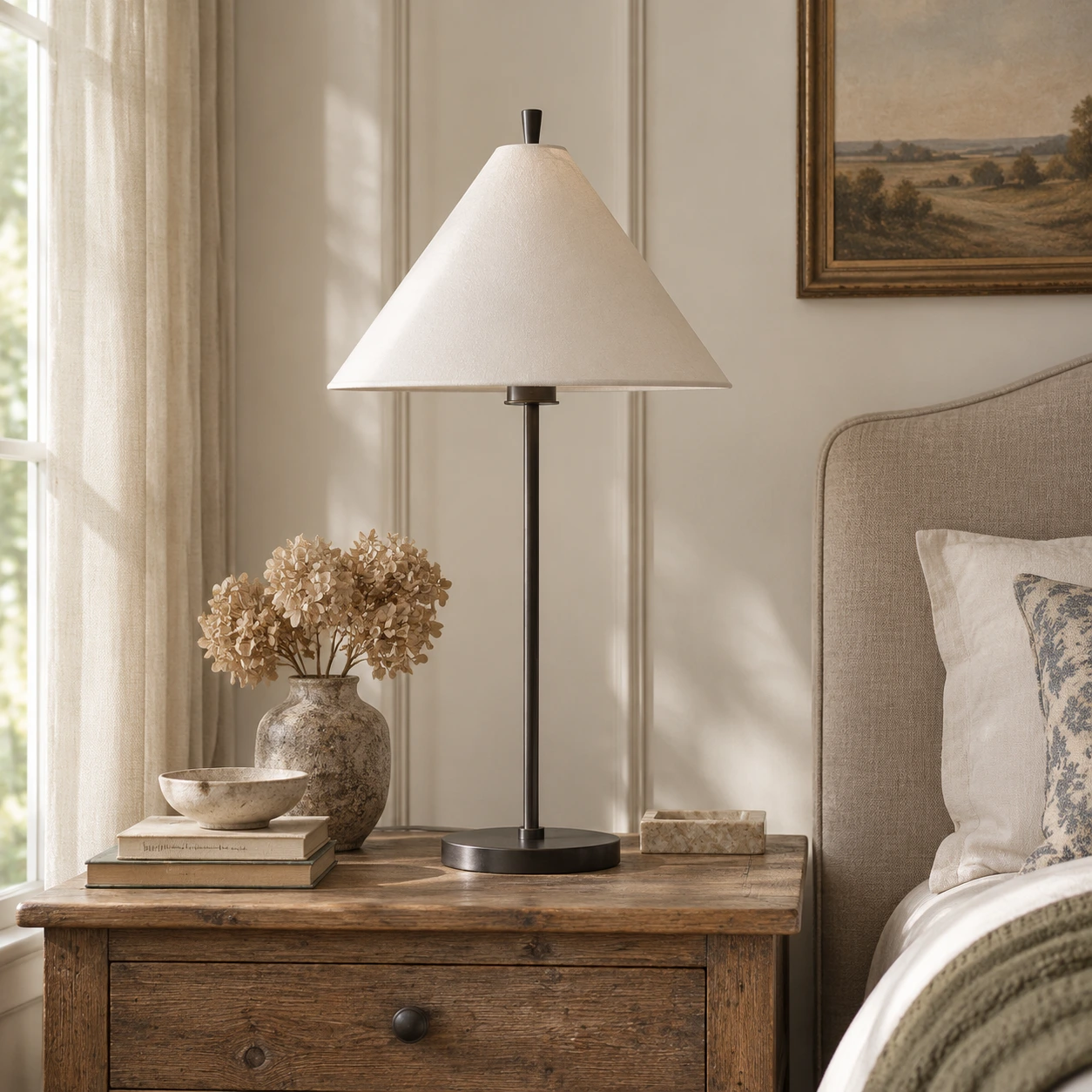 Cone shade table lamp beside a bed