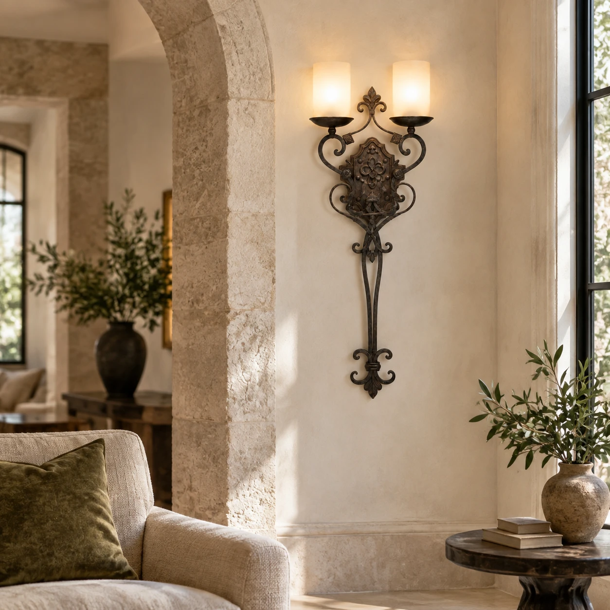 American Rustic Iron Wall Light in a boutique hospitality lounge with stone, linen and restrained lighting