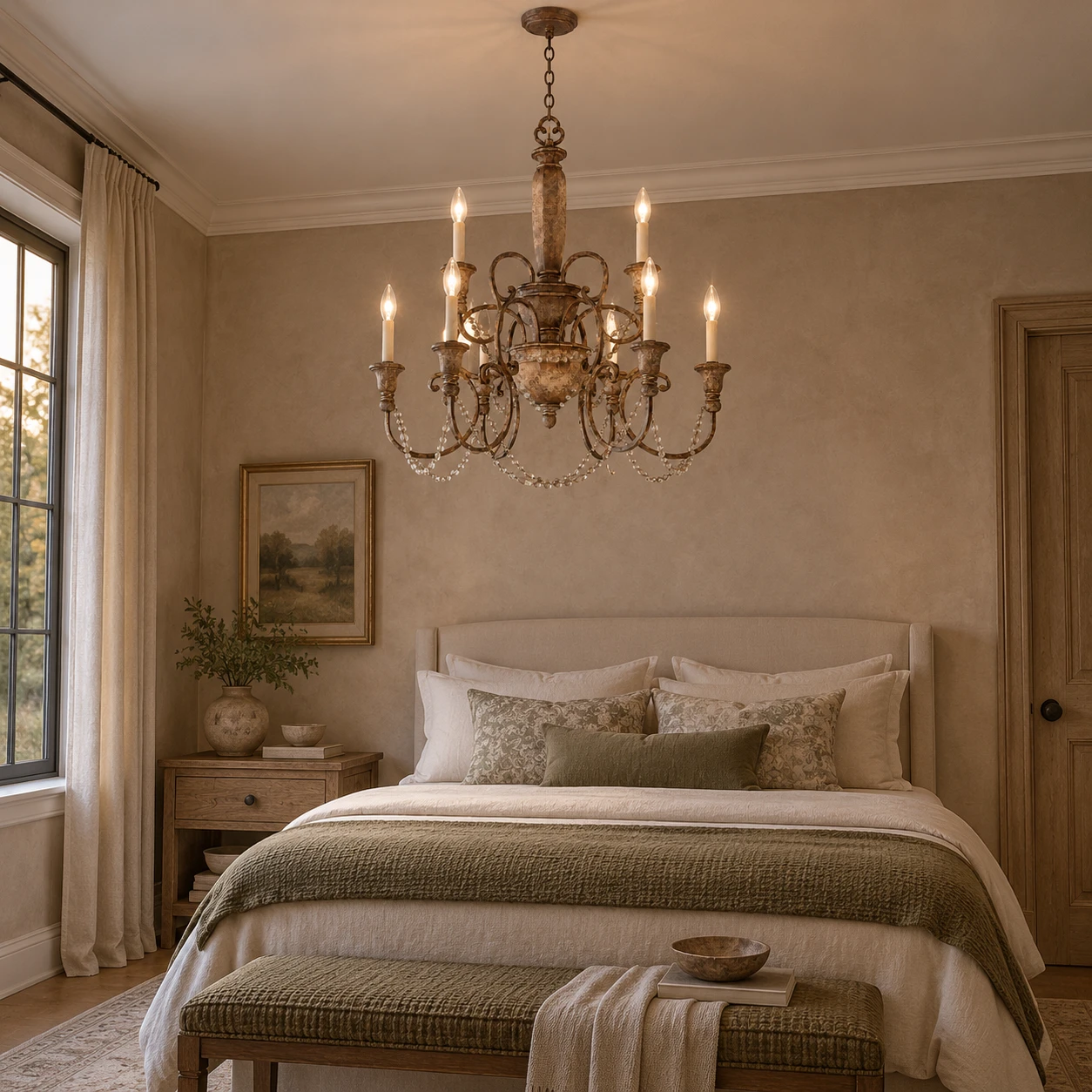 Eight-light double-layer chandelier over a restrained vintage bedroom