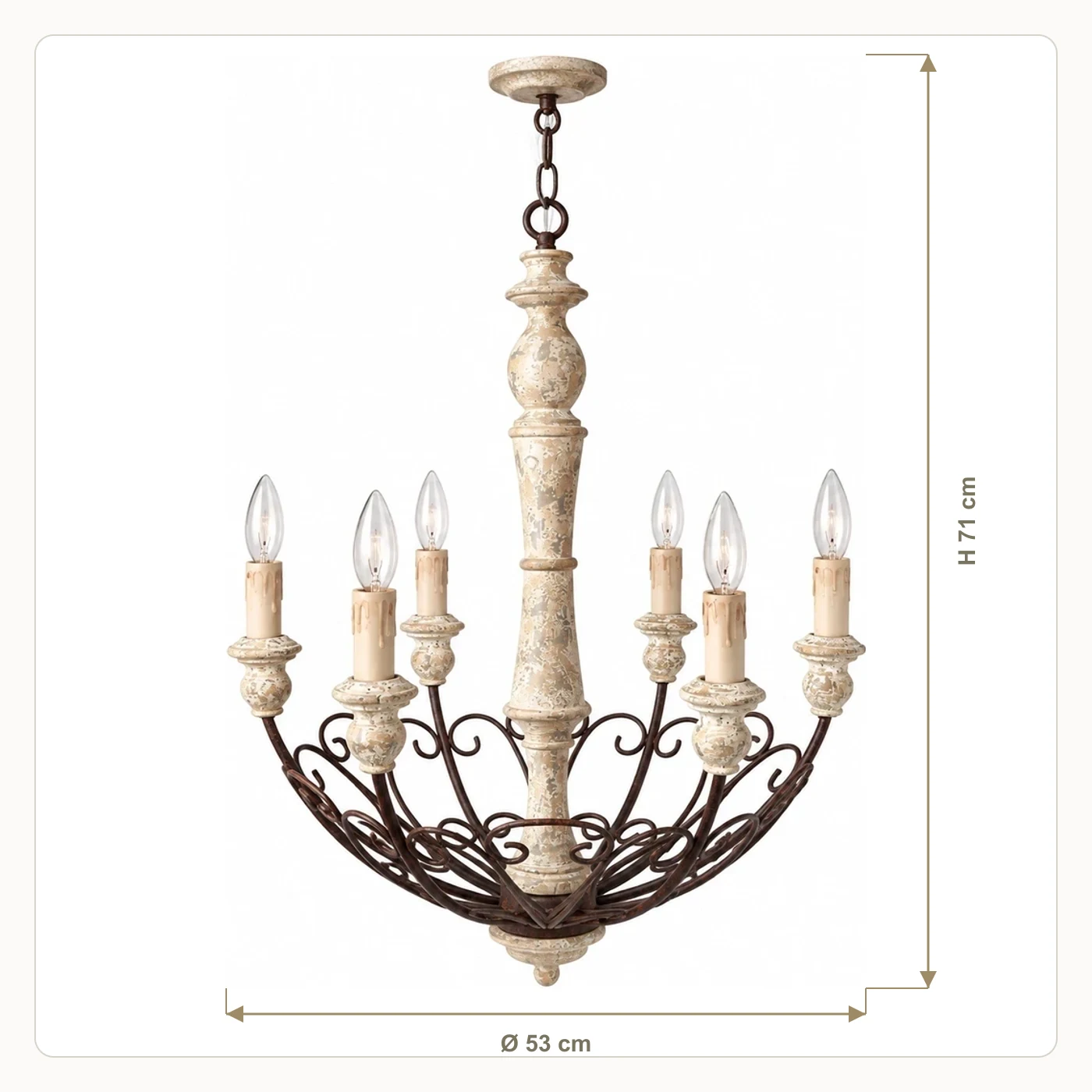 Dimension diagram for Rustic Six-Arm Carved Wood Chandelier: 71 cm overall height and 53 cm overall diameter