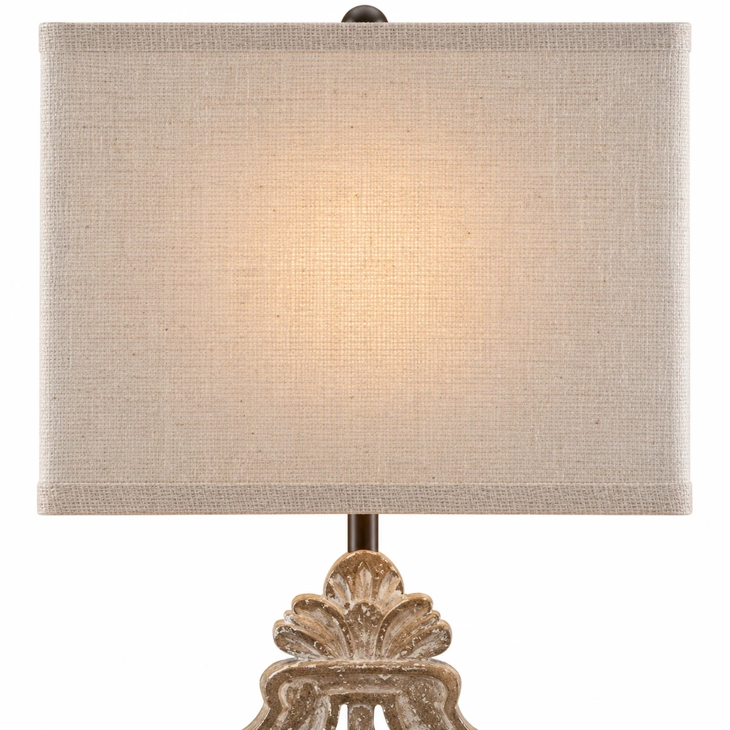 Close detail of the oatmeal fabric lamp shade
