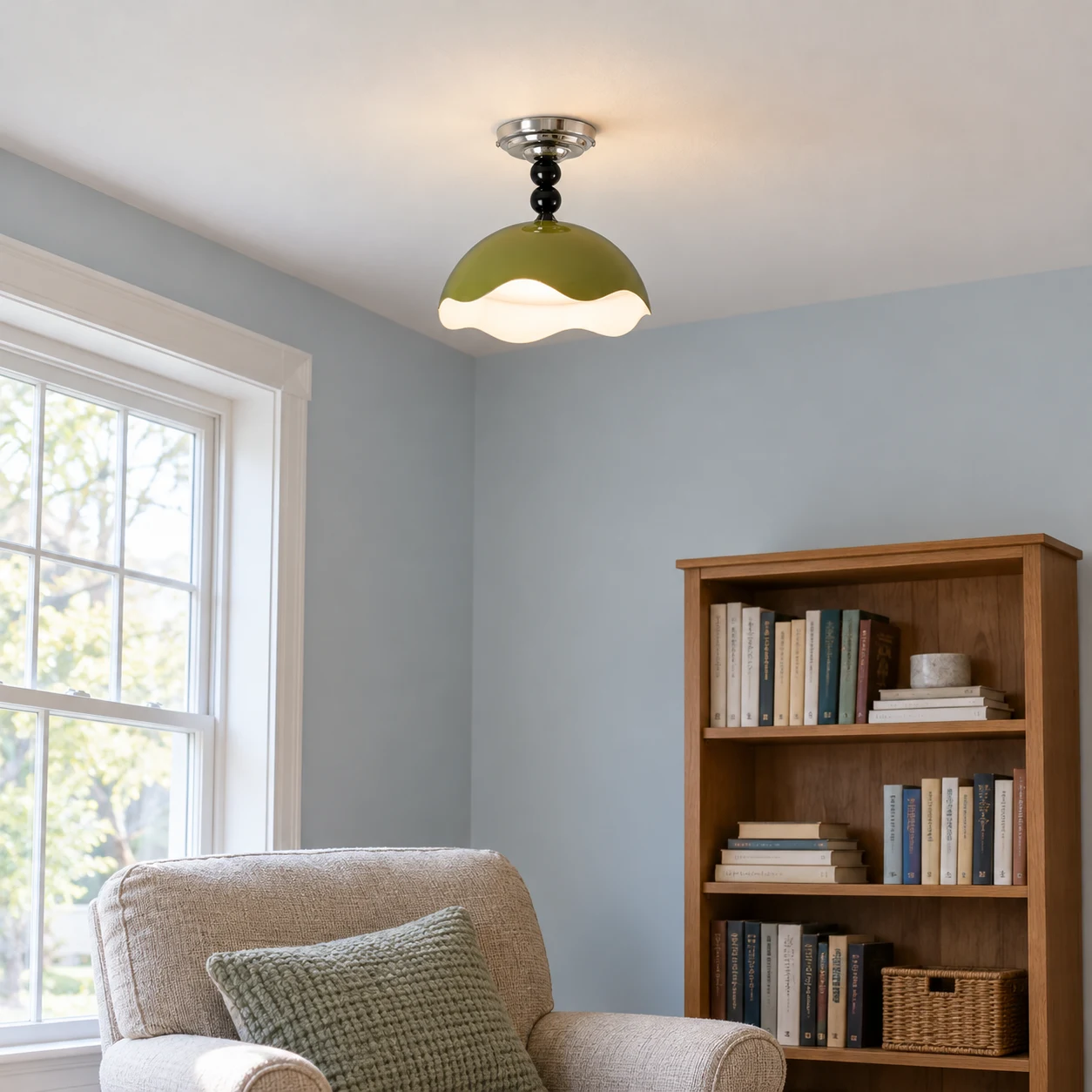 Mira Memphis Scalloped Acrylic and Metal Flush Mount Ceiling Light — scene olive reading