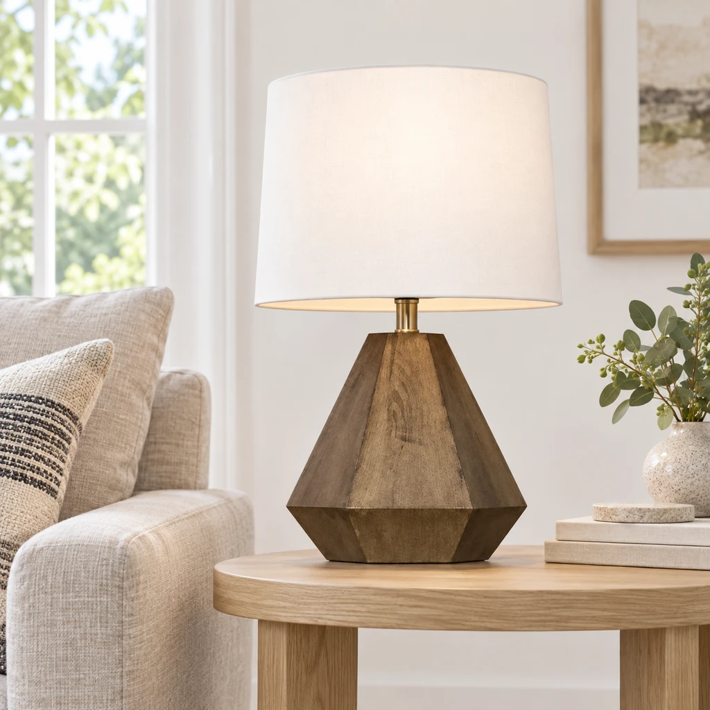 Arden fluted wood table lamp in a living room