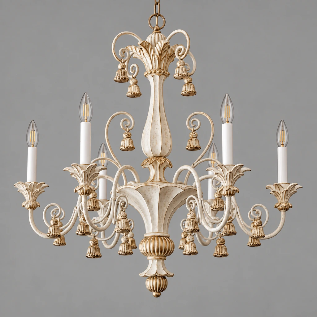 Bellamy six-light carved ivory chandelier switched off in a neutral studio