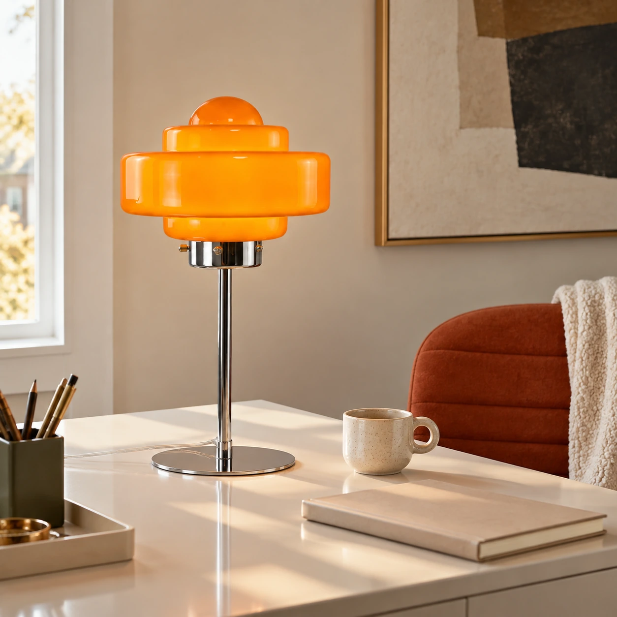 Orange glass table lamp on a desk