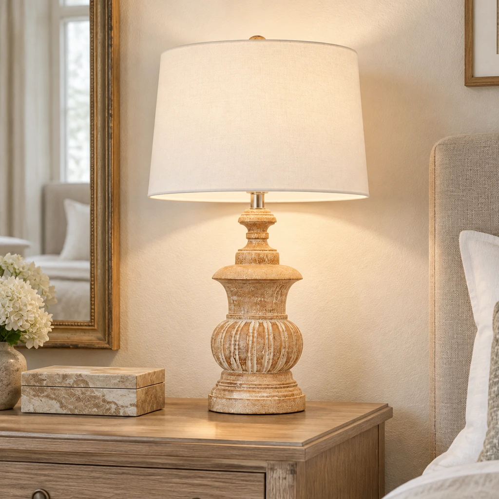 Elodie French Country Carved Wood and Fabric Table Lamp product image 5
