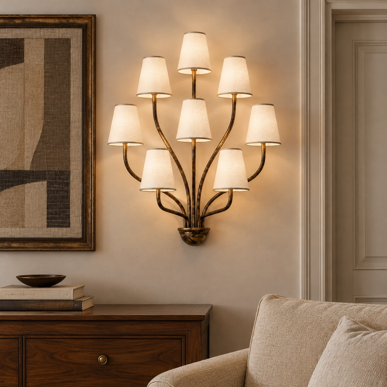 Avery carved solid wood wall sconce scene 01 living