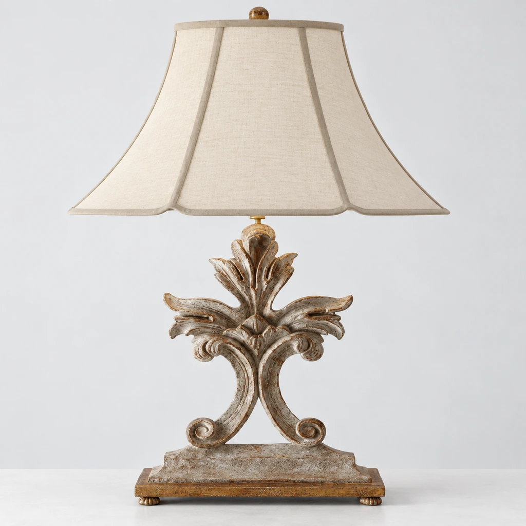 Linden carved wood table lamp switched off in a neutral studio