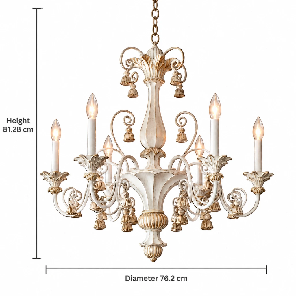 Bellamy six-light chandelier dimensions: 81.28 cm high and 76.2 cm diameter