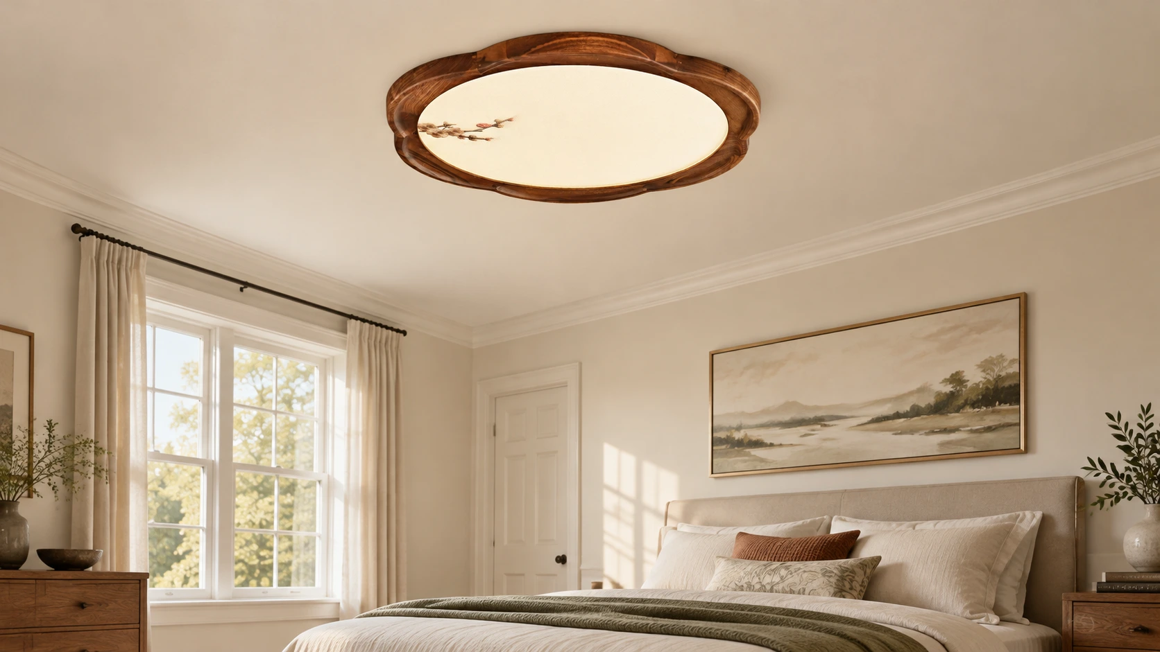 Mila walnut flush mount ceiling light in a bedroom