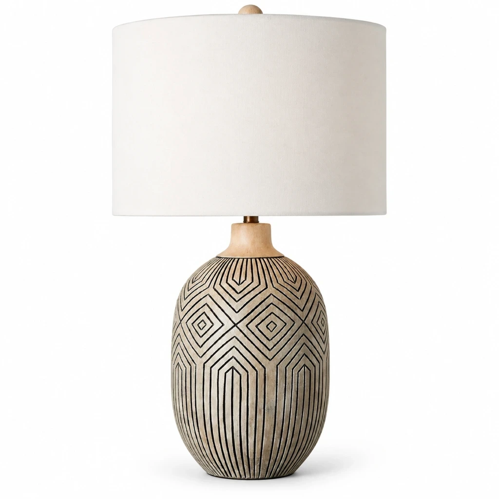 Merritt Bohemian Carved Wood Table Lamp with Fabric Shade on a clean white background