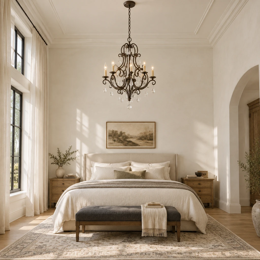 Amelie crystal chandelier installed high above a bedroom