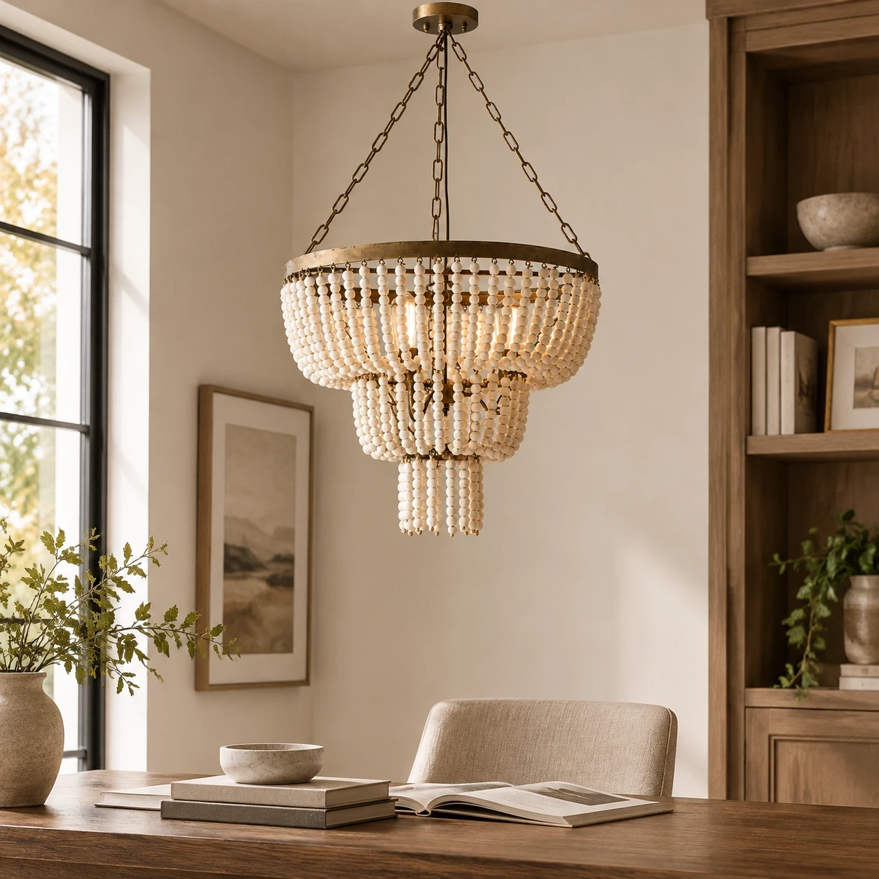 Sofia Vintage Minimal Walnut Wood and Metal Pendant Light in a bright study nook